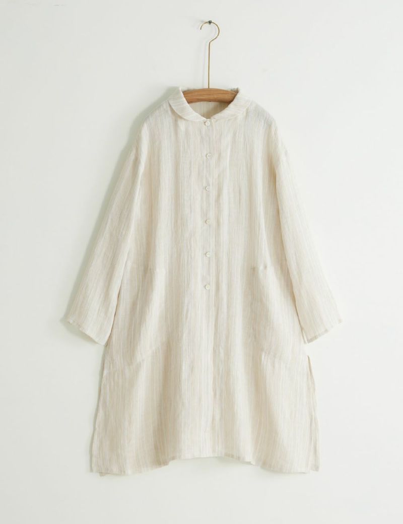 群言堂 もみほぐし麻縞ブラウス未容柳　シャツワンピース もみほぐし麻縞ブラウス未容柳（びようやなぎ） | 石見銀山 群言堂