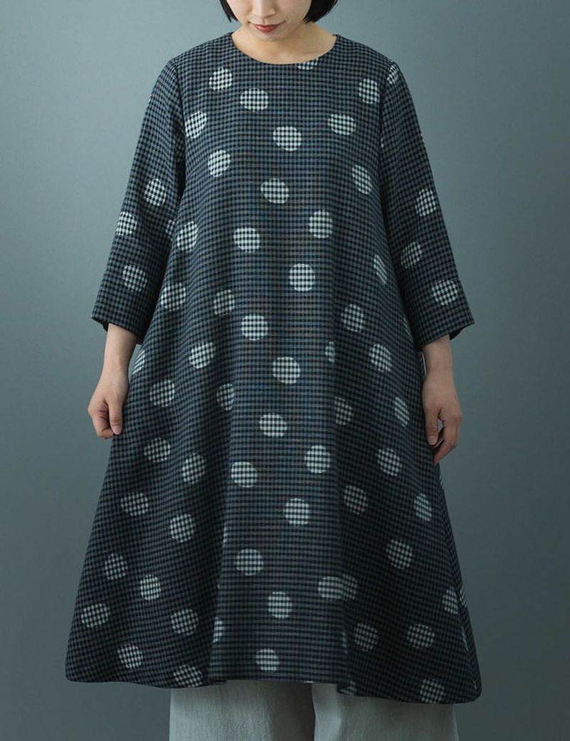 群言堂☆登美☆マンガン絣☆ゆったり背ギャザーのチュニックOP☆手洗い可☆美品です マンガン絣ギンガム水玉 ワンピース沢鵯（さわひよどり） | 石見銀山