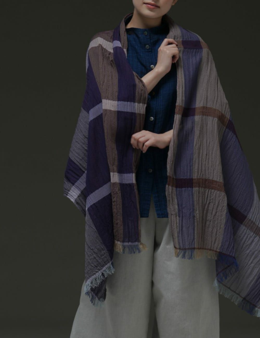 綿ウールストール格子柄