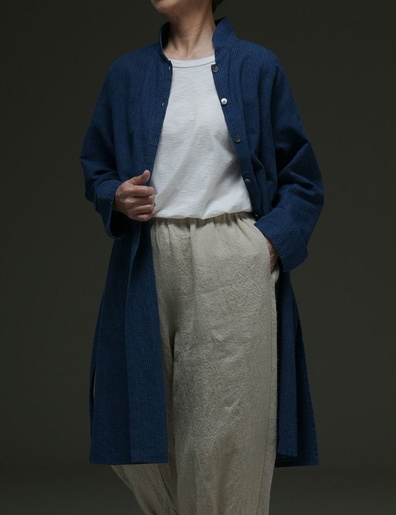 数量限定】藍染濃紺綿麻縞ブラウス未容柳（びようやなぎ