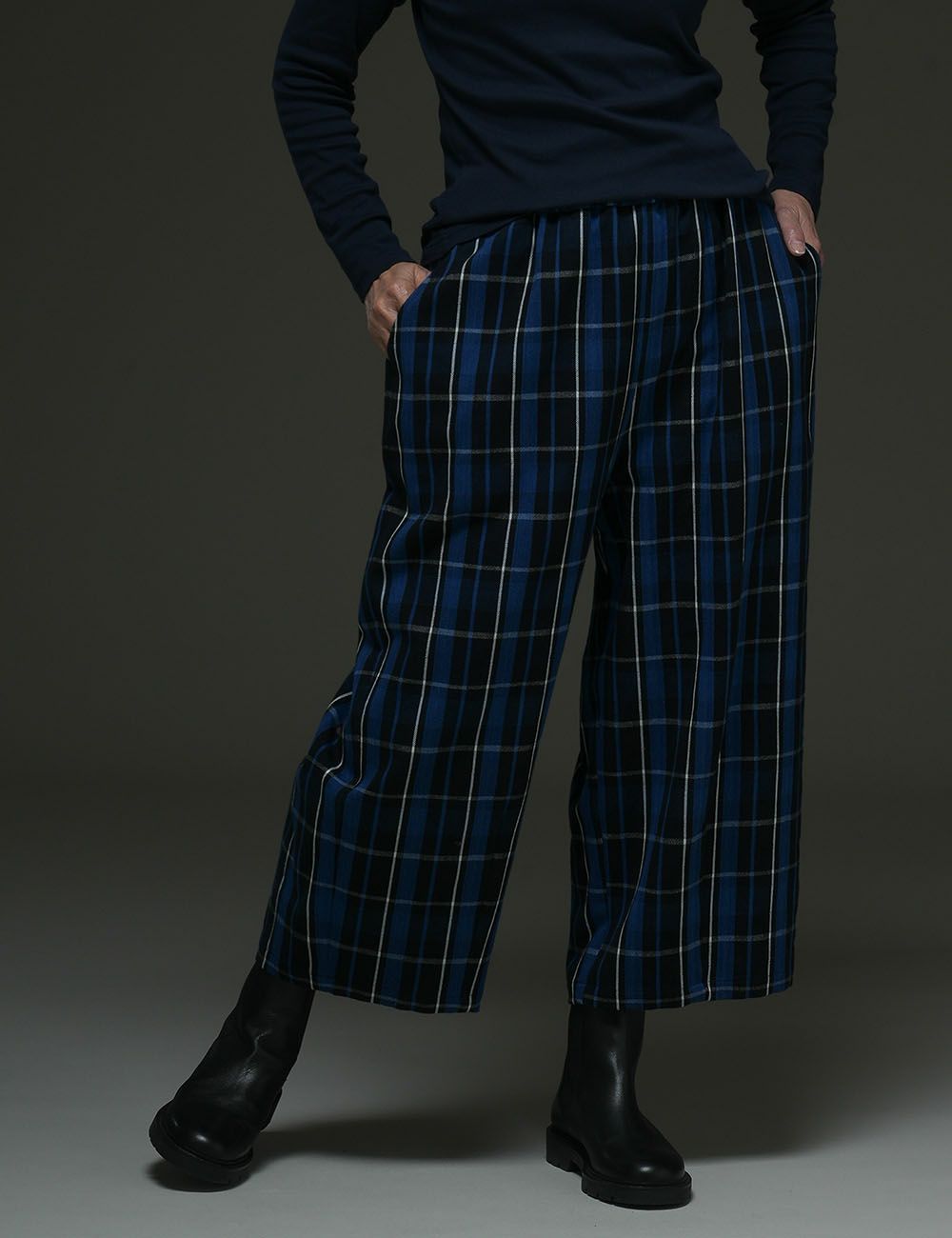 藍染チェックパンツ一葉萩（ひとつばはぎ）