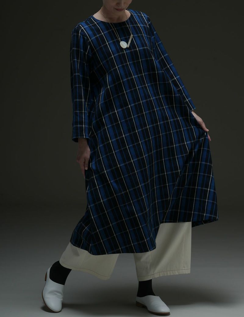藍染チェックワンピース沢鵯（さわひよどり）