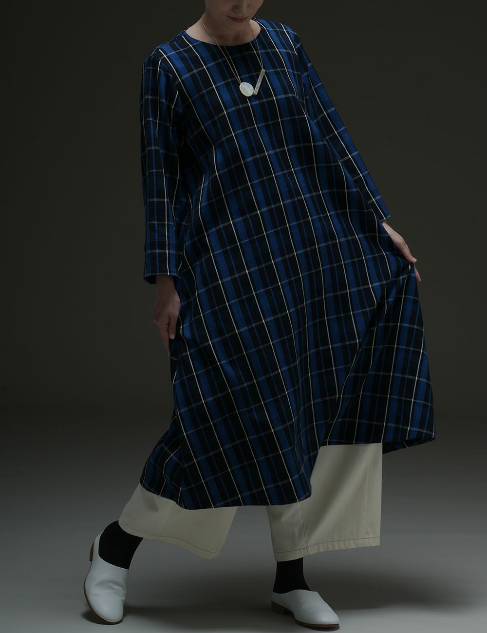 藍染チェックワンピース沢鵯（さわひよどり）